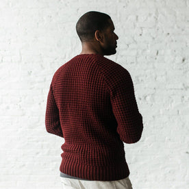 Our fit model wearing The Fisherman Sweater in Maroon Waffle