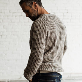 Our fit model wearing The Fisherman Sweater in Natural Waffle