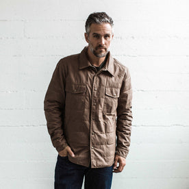 Our fit model wearing The Garrison Shirt Jacket in British Khaki Dry Wax