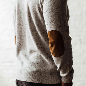 our fit model wearing The Hardtack Sweater in Polar Yak Donegal