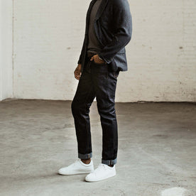 our fit model wearing The Slim Jean in Yamaashi Orimono Recover Selvage