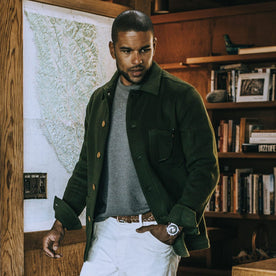 Our fit model wearing The Ojai Jacket in Olive Wool