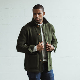 Our fit model wearing The Ojai Jacket in Olive Wool