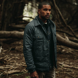 our fit model wearing The Garrison Shirt Jacket in Navy Dry Wax