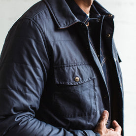 our fit model wearing The Garrison Shirt Jacket in Navy Dry Wax