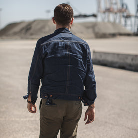 Jackson hanging out in San Francisco showing the back of the jean jacket