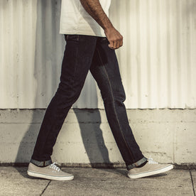 Our fit model wearing The Slim Jean in Sol Selvage Denim.