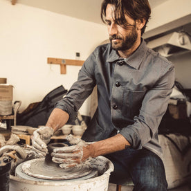 fit model making pottery in The Ojai Jacket in Washed Charcoal