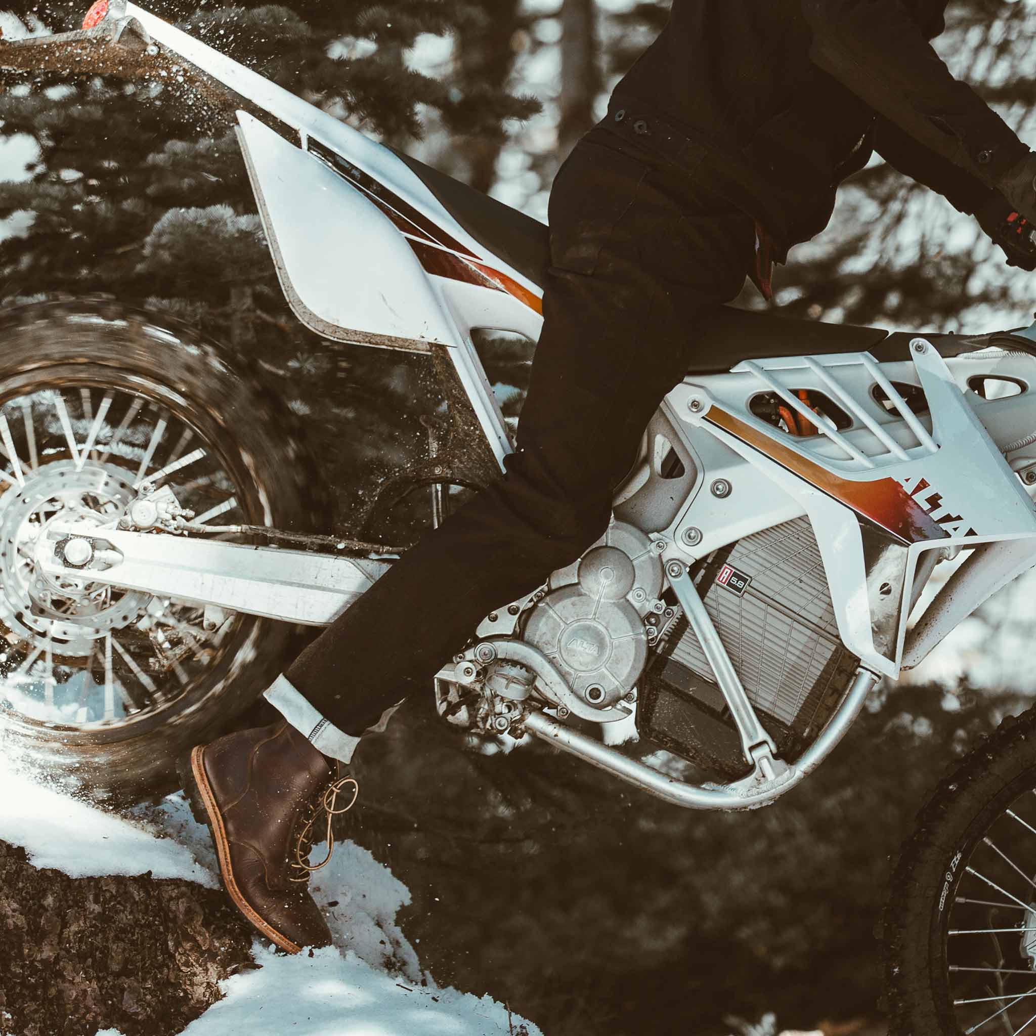 Allen with his motorcycle in the snow, Denim by Taylor Stitch
