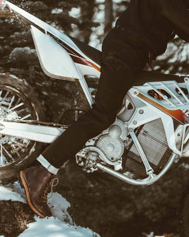 Allen with his motorcycle in the snow, Denim by Taylor Stitch