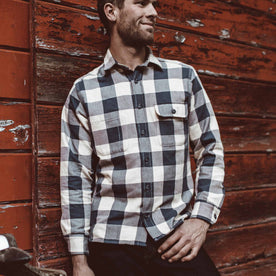 The Moto Utility Shirt in Natural & Navy Buffalo Plaid - featured image
