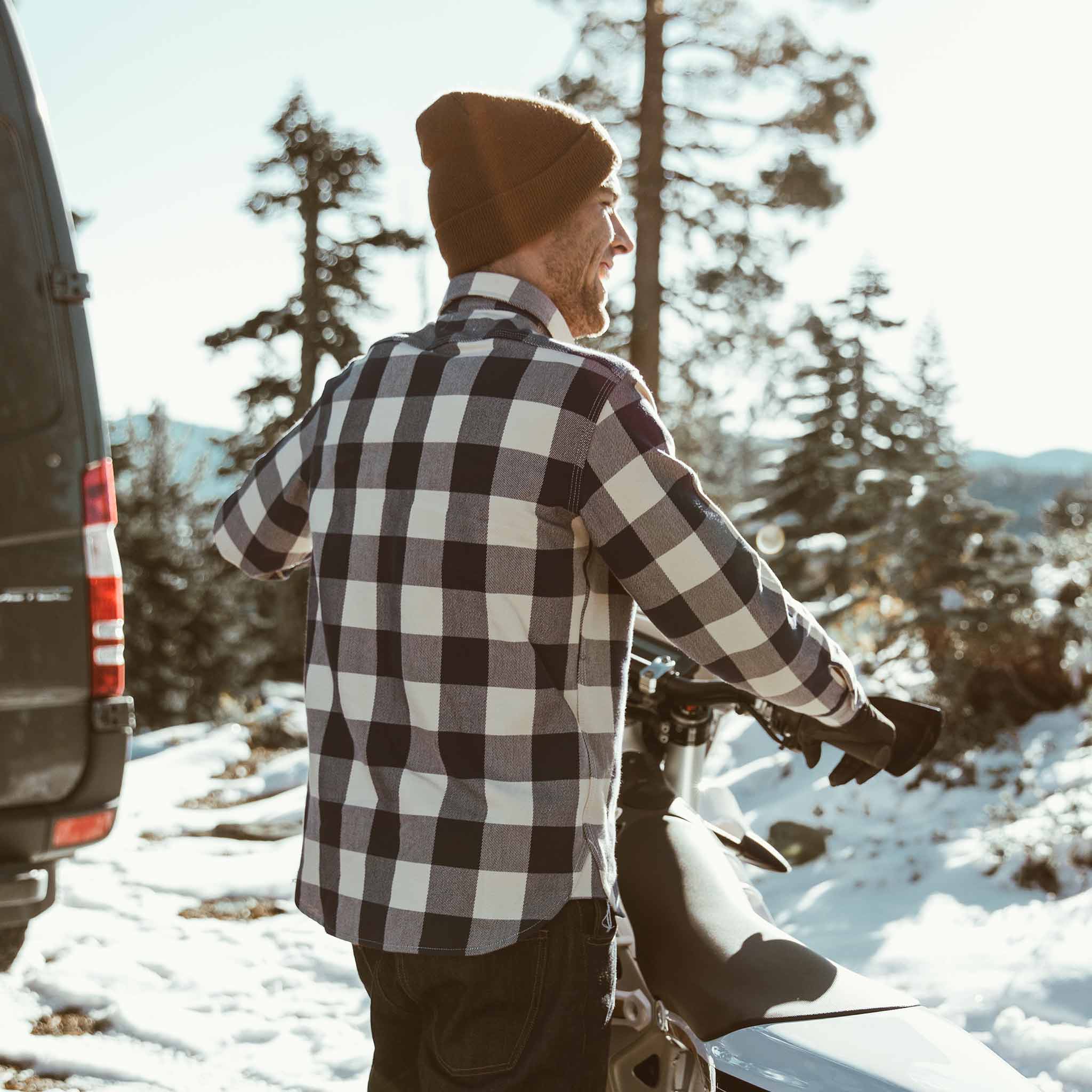 Logan in the snow, Wovens by Taylor Stitch