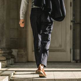 Our fit model wearing The Telegraph Trouser in Navy Slub.