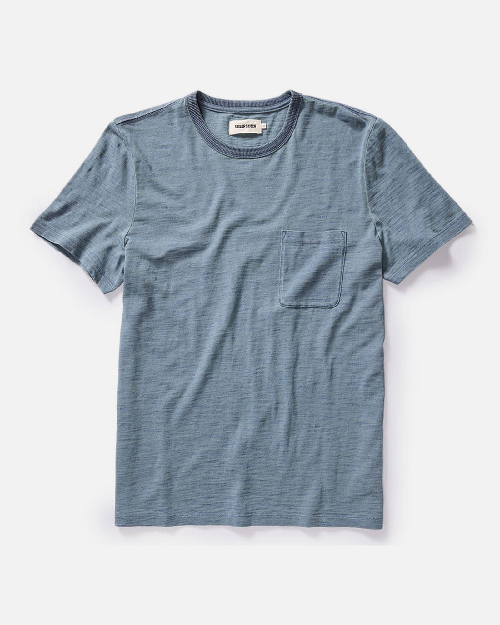 flatlay of The Organic Cotton Tee in Dyed Indigo, Knits by Taylor Stitch