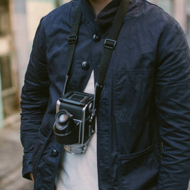 fit model with his camera in The Ojai Jacket in Indigo