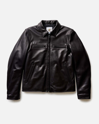 flatlay of The Moto Jacket in Black Steerhide