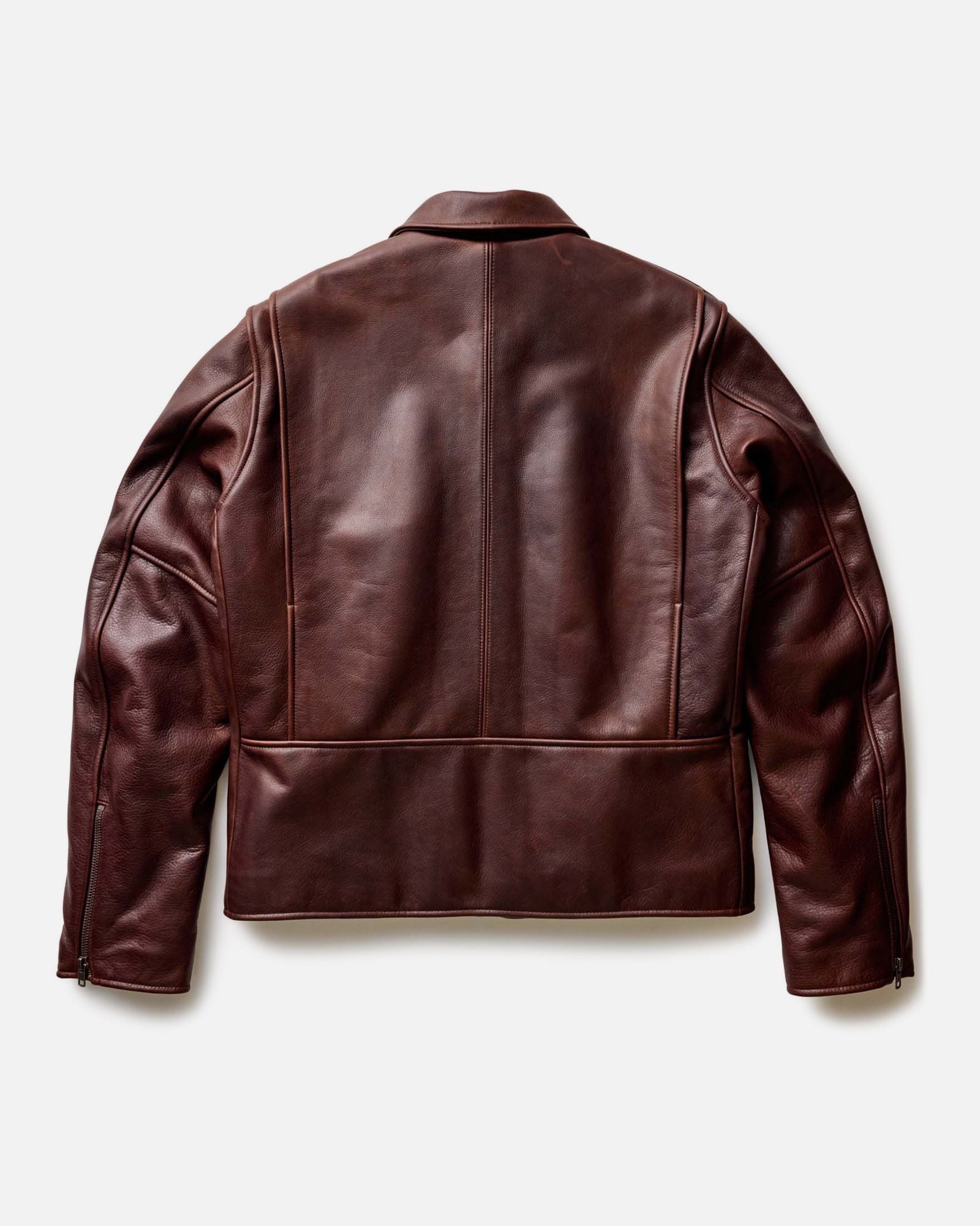 flatlay of The Moto Jacket in Espresso Steerhide open, Outerwear by Taylor Stitch
