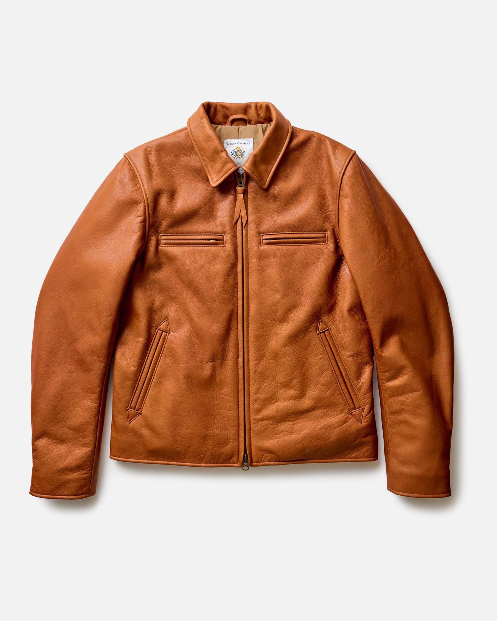 flatlay of The Moto Jacket in Whiskey Steerhide, Outerwear by Taylor Stitch