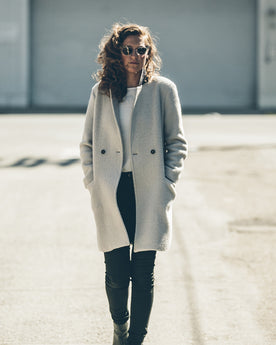 Emily, our photographer, in the Porter Coat, Outerwear by Taylor Stitch
