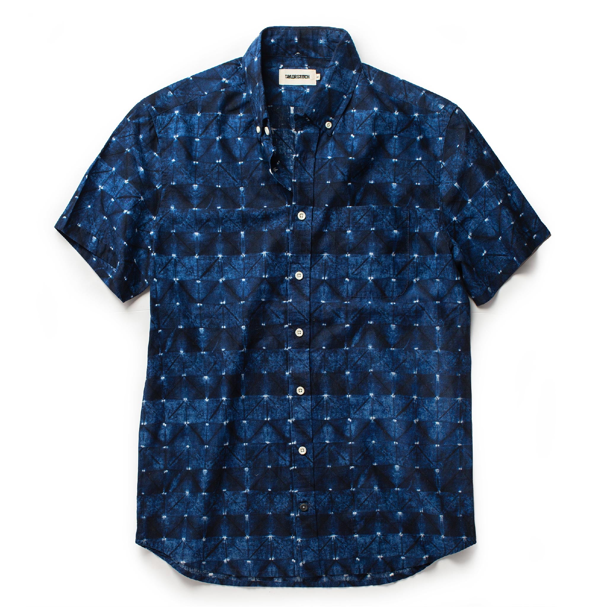 flatlay of The Short Sleeve Jack in Deep Navy Geo, Wovens by Taylor Stitch