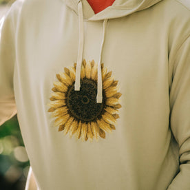 fit model showing embroidery of The Fillmore Hoodie in Sunflower Embroidery