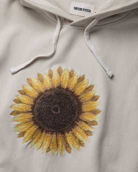 material shot of embroidery of The Fillmore Hoodie in Sunflower Embroidery, Knits by Taylor Stitch