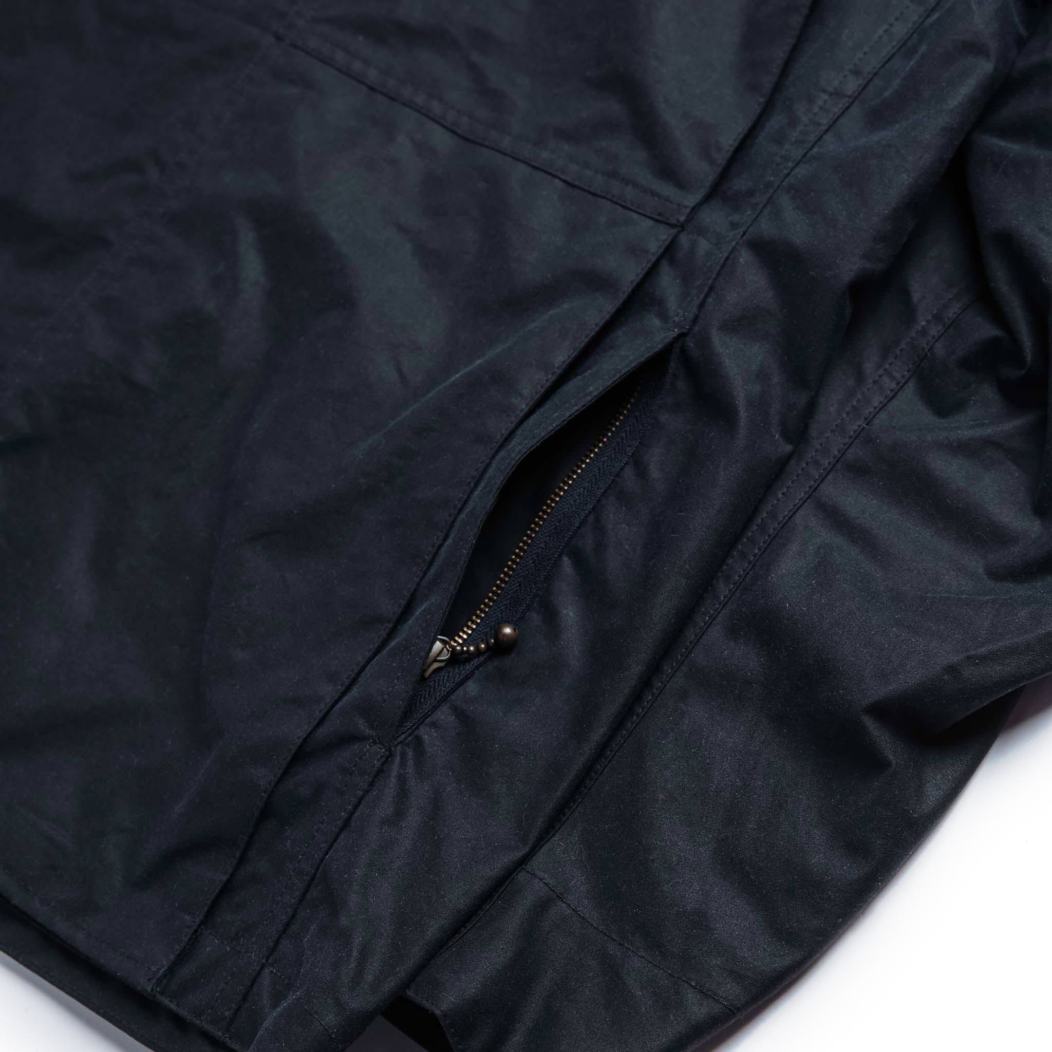 material shot of open zipper of The Task Jacket in Waxed Navy, Outerwear by Taylor Stitch