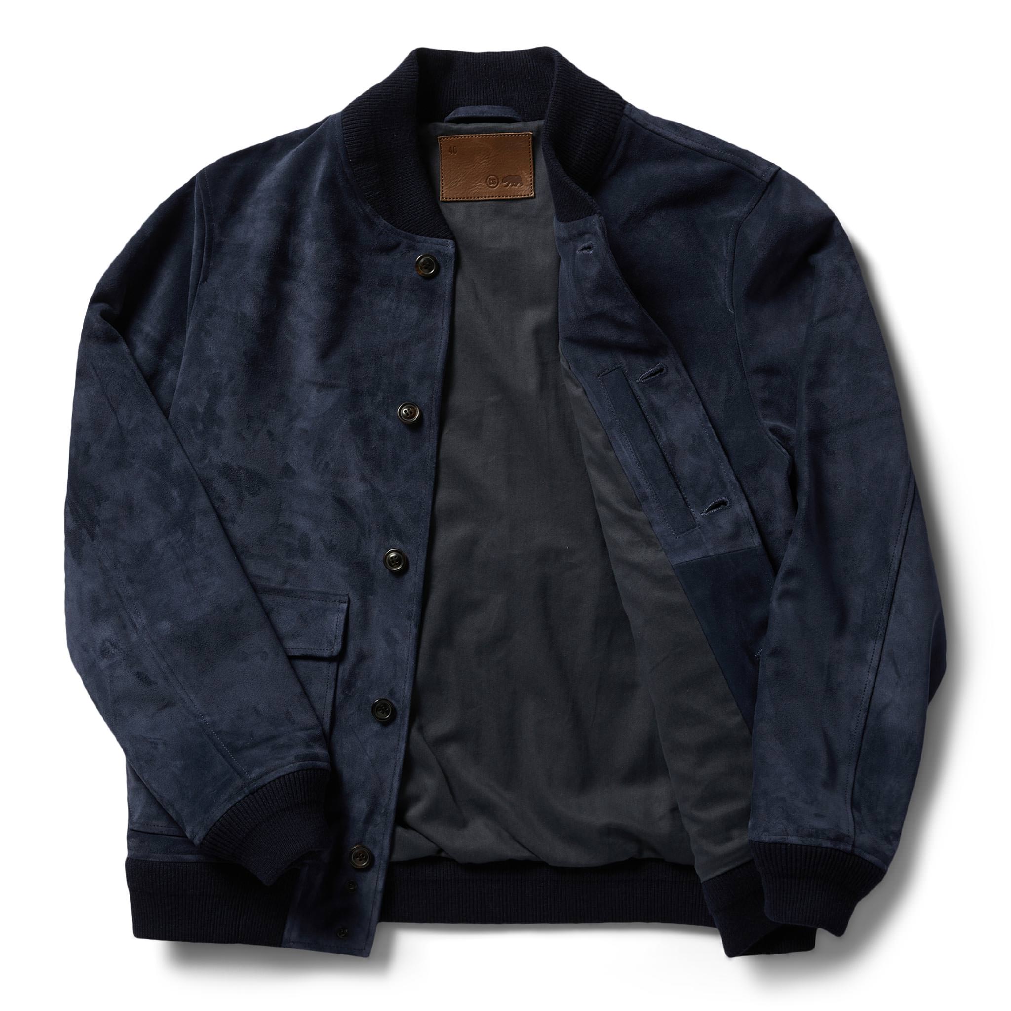 front flatlay open of The Aviator Jacket in Midnight Suede, Outerwear by Taylor Stitch