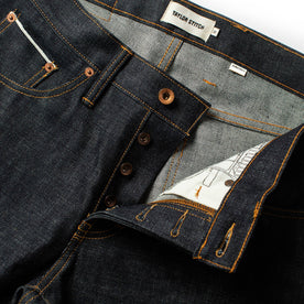 material shot of the waist of The Democratic Jean in Natural Indigo Selvage