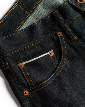 material shot of the pockets and hardware on The Democratic Jean in Natural Indigo Selvage, Bottoms by Taylor Stitch