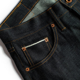material shot of the pockets and hardware on The Democratic Jean in Natural Indigo Selvage