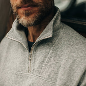 fit model with popped collar of The Horizon Pullover in Ash Double Knit