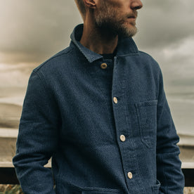 fit model wearing The Ojai Jacket in Washed Indigo Sashiko