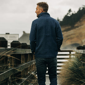 fit model wearing The Ojai Jacket in Washed Indigo Sashiko, shown from the back