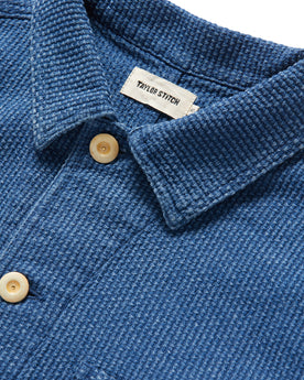 material shot of the collar on The Ojai Jacket in Washed Indigo Sashiko, Outerwear by Taylor Stitch