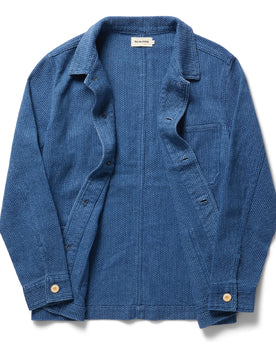 flatlay of The Ojai Jacket in Washed Indigo Sashiko, shown open, Outerwear by Taylor Stitch