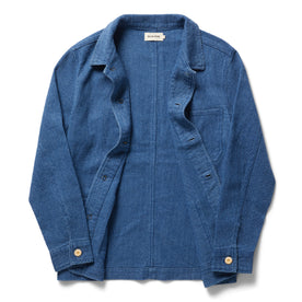 flatlay of The Ojai Jacket in Washed Indigo Sashiko, shown open