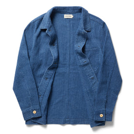 flatlay of The Ojai Jacket in Washed Indigo Sashiko, shown open