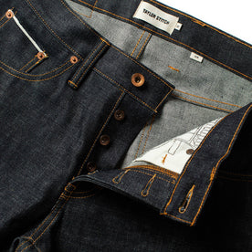 material shot of the waist on The Slim Jean in Natural Indigo Selvage
