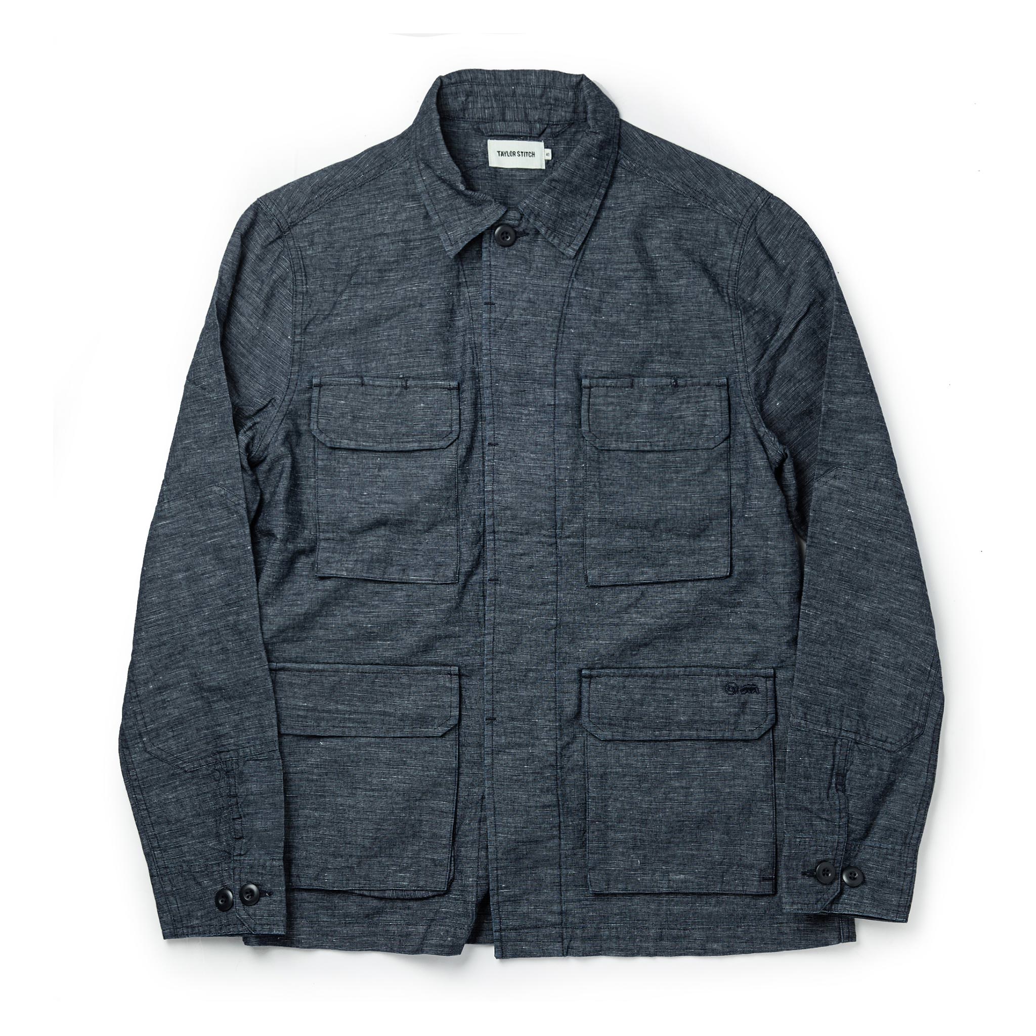 flatlay of The BDU Shirt Jacket in Indigo Slub, Outerwear by Taylor Stitch