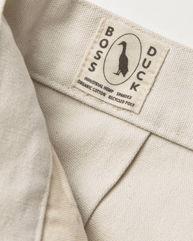 material shot of boss duck logo, Bottoms by Taylor Stitch