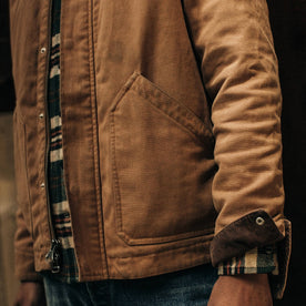 fit model wearing The Workhorse Jacket in Tobacco Boss Duck, sleeve detail