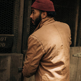 fit model wearing The Workhorse Jacket in Tobacco Boss Duck, back