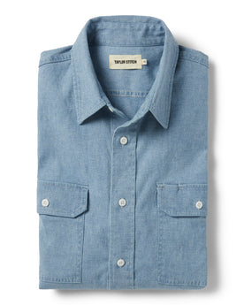 flatlay of The Chore Shirt in Washed Indigo Boss Duck, folded, Wovens by Taylor Stitch