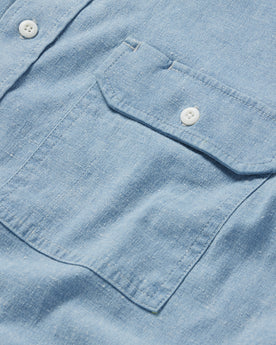 material shot of the front pocket on The Chore Shirt in Washed Indigo Boss Duck, Wovens by Taylor Stitch