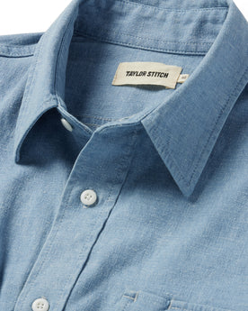 material shot of the collar on The Chore Shirt in Washed Indigo Boss Duck, Wovens by Taylor Stitch