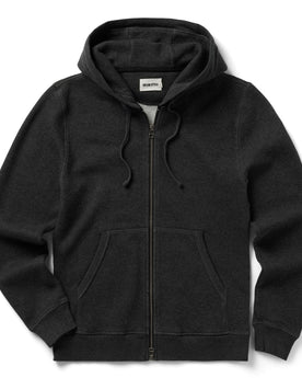 flatlay of The Weekend Hoodie in Coal Double Knit, Knits by Taylor Stitch
