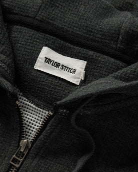 material shot of the zipper on The Weekend Hoodie in Coal Double Knit, Knits by Taylor Stitch