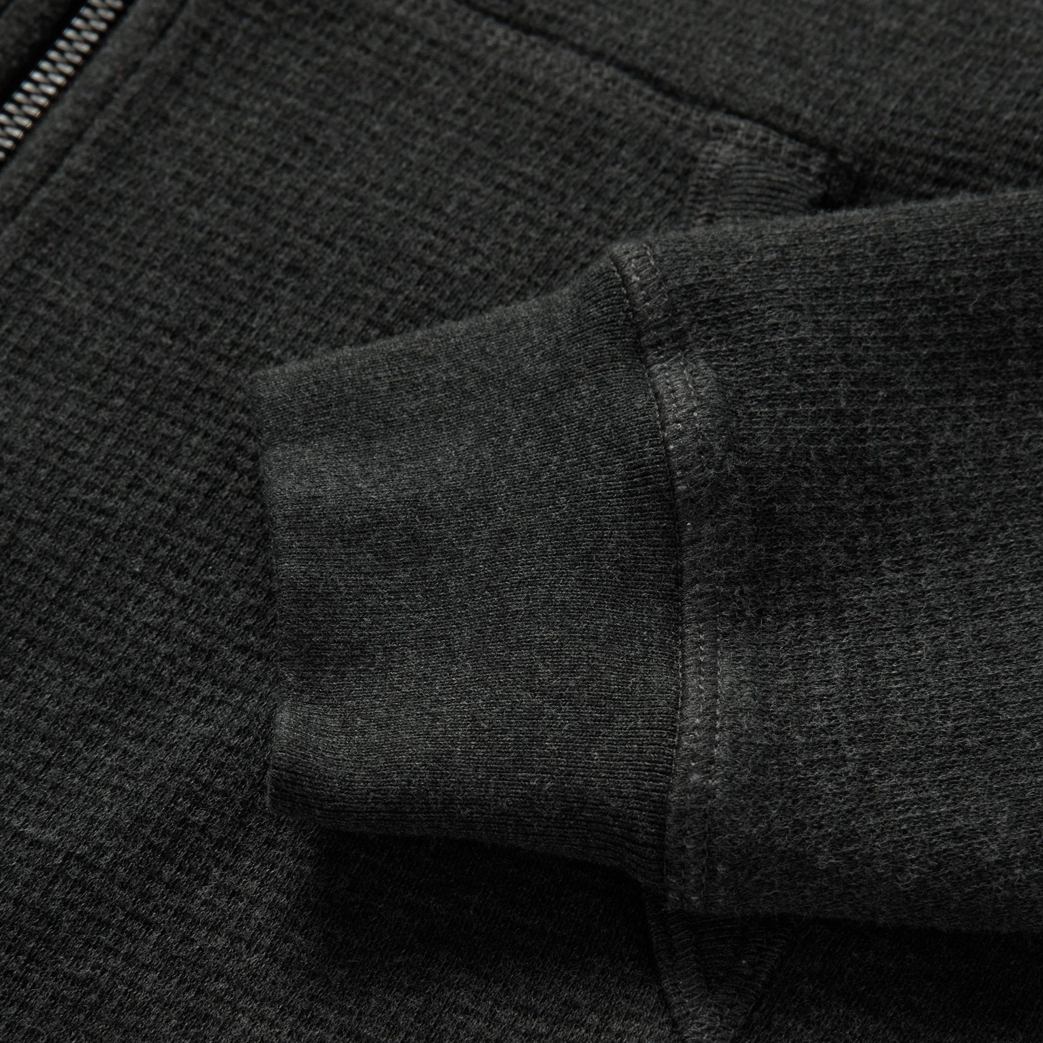 material shot of the cuffs on The Weekend Hoodie in Coal Double Knit, Knits by Taylor Stitch