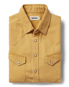 flatlay for The Western Shirt in Wheat Selvage Denim folded, Wovens by Taylor Stitch